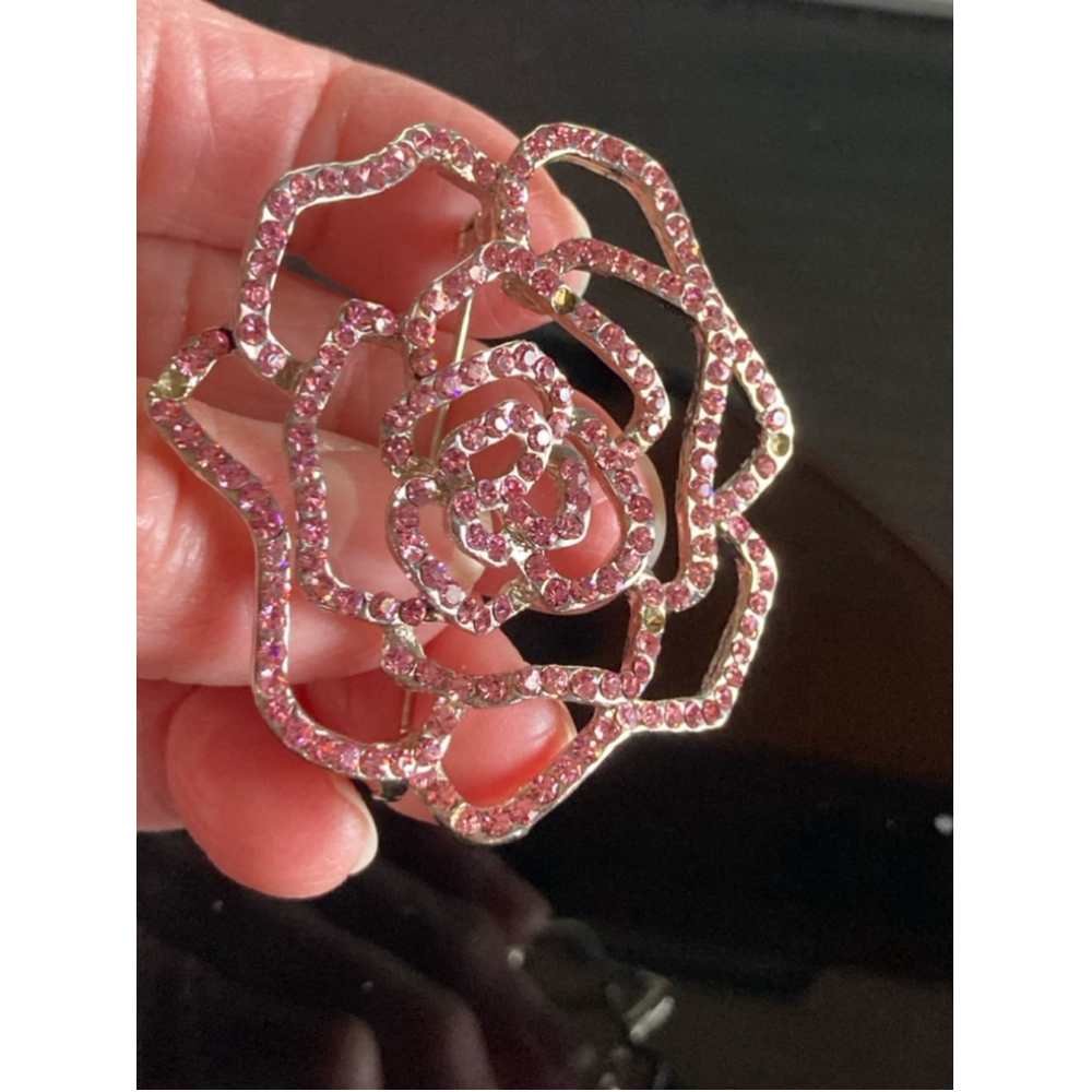 SOLD--Women's rhinestone Rose Brooch Pink - Picture 4 of 8